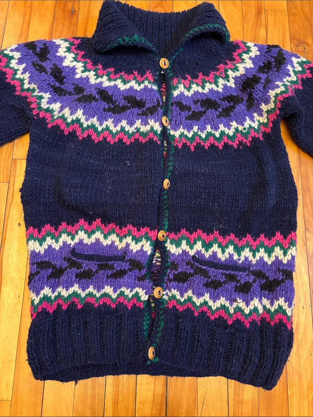 Hand Crafted Navy Cardigan with Purple, Pink & Green Fair Isle Pattern - Large